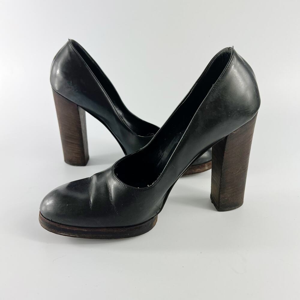 Gucci Vintage 90's Dark Taupe /Brown Leather Wood Platform Heels Shoes Women 8